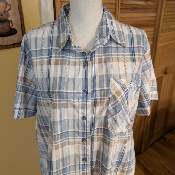 Adrian Dilafield Blue and Tan Plaid Button-Up Shirt XL - Picture 2 of 9